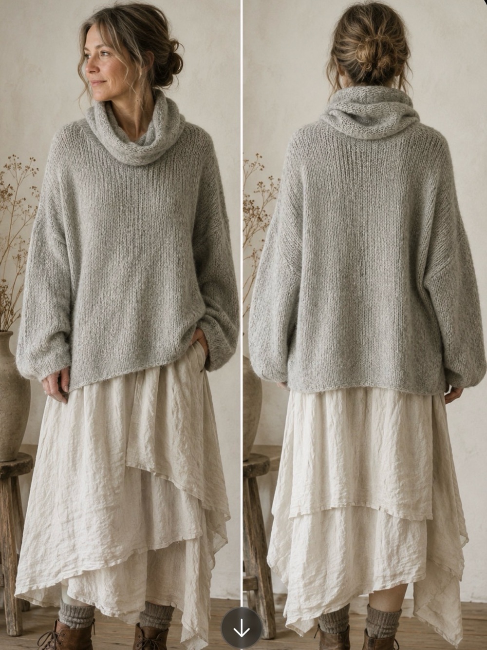 Light Gray Cowl Neck Oversized Lagenlook Minimalist Cottagecore Sweater Medium